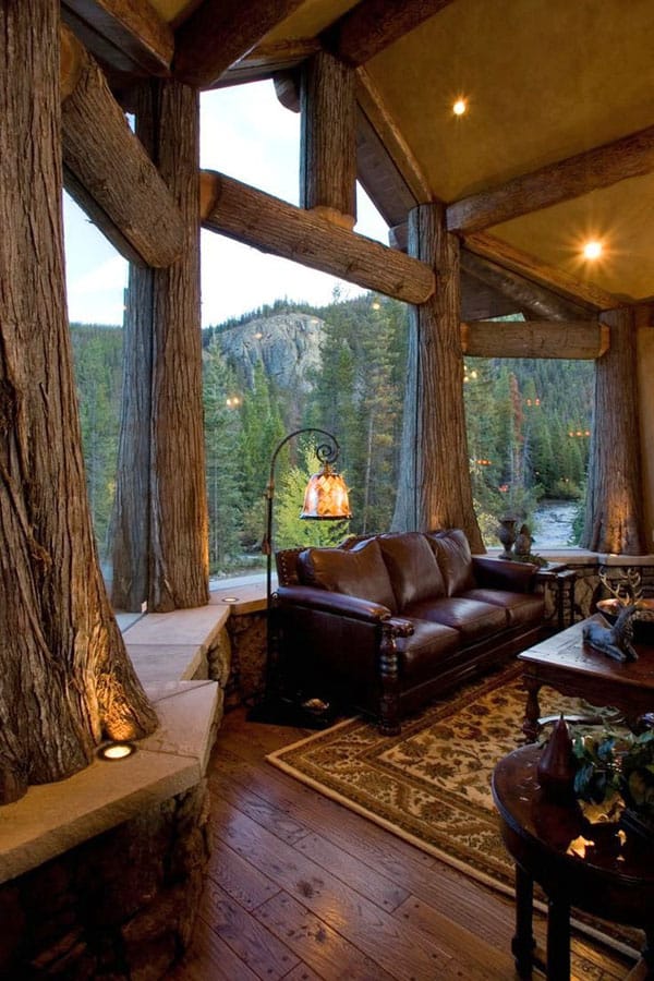 living cabin rooms rustic cozy log mountain homes extremely cottage tree dream windows window interior lake timber views frame trunk